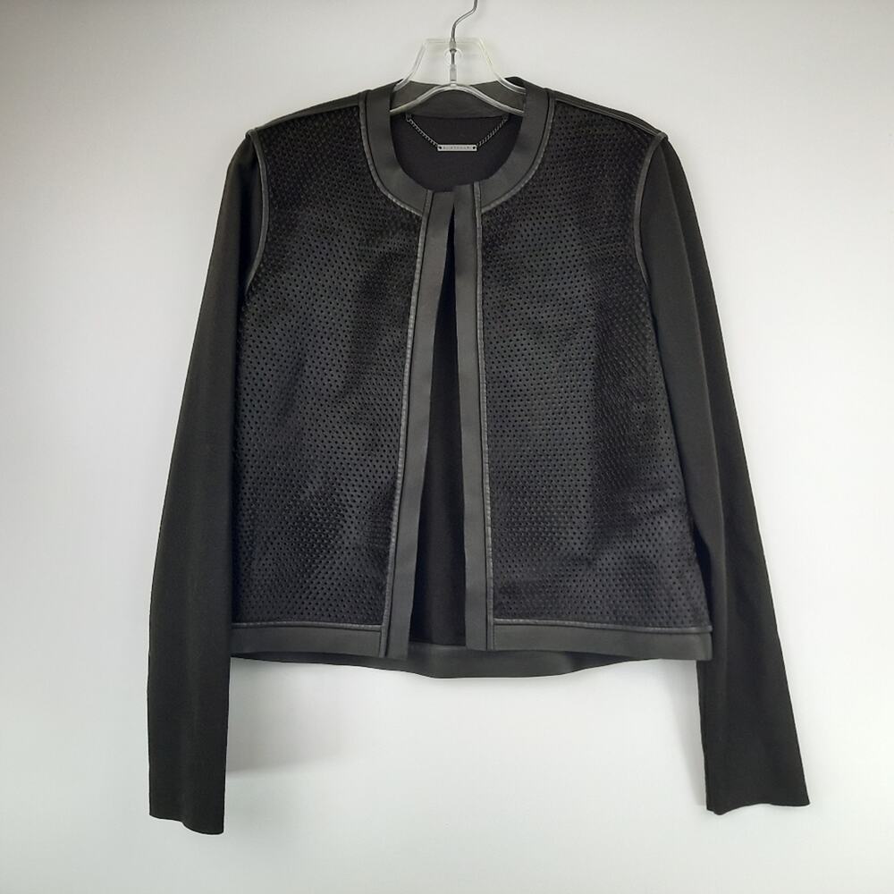 Elie Tahari Courtney black jacket dyed perforated calf leather wool blend size s - Picture 2 of 13
